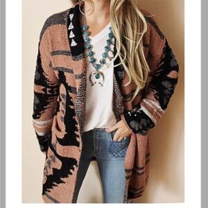 Davi & Dani camel black gray open front western aztec jacket cardigan pockets